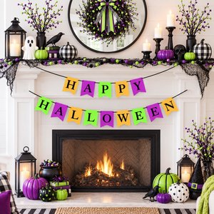 Halloween Banner, UV Glow in the Dark Happy Halloween Fireplace Mantel Sign