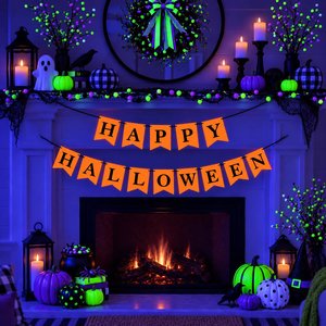 Halloween Banner, Neon Orange UV Reflective Happy Halloween Fireplace Mantel Sign, Halloween Glow Party Decor