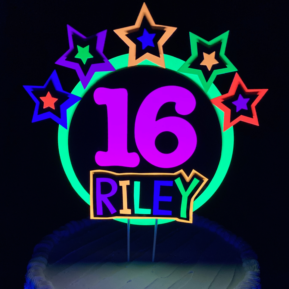 Star-Studded Round Neon Personalized Glowing Cake Topper