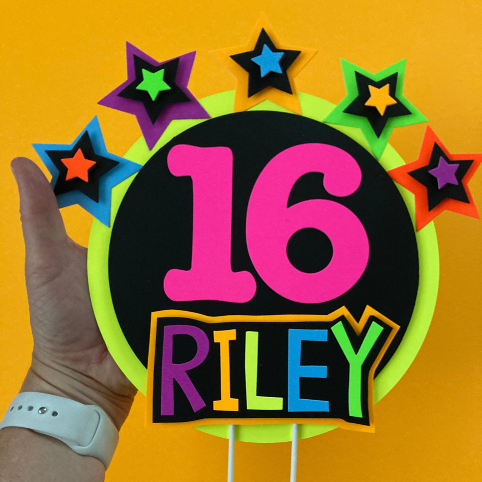 Star-Studded Round Neon Personalized Glowing Cake Topper