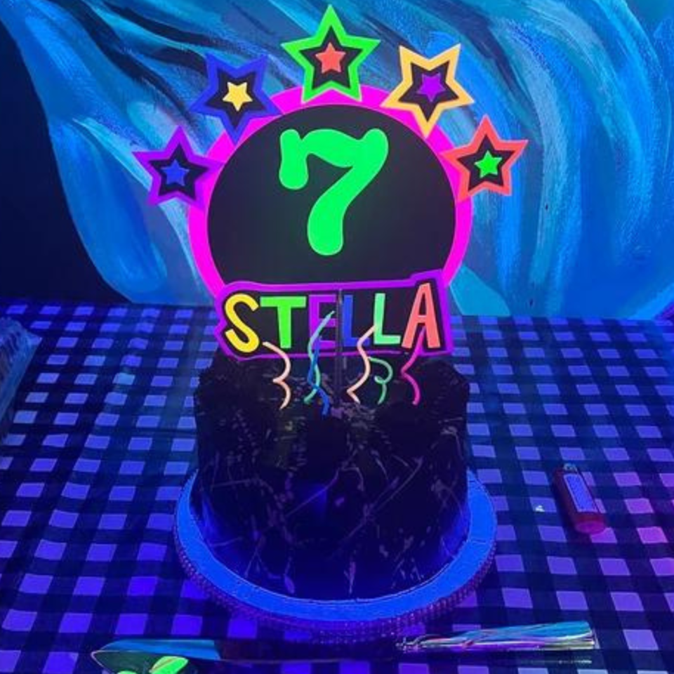 Star-Studded Round Neon Personalized Glowing Cake Topper