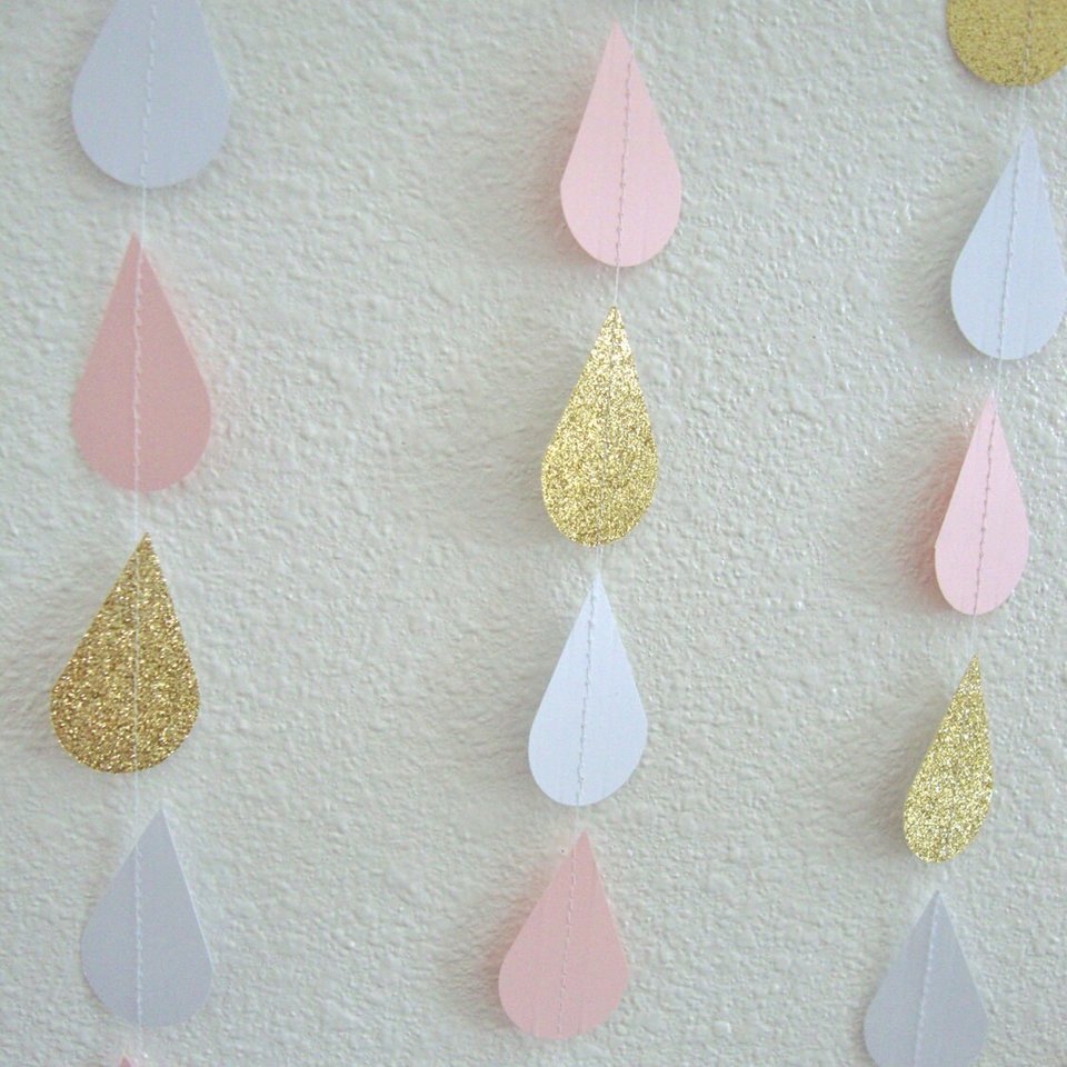 Pink and Gold Raindrop, Baby Sprinkle Garland, Shower Decoration, Glitter Raindrop, Baby Shower Backdrop, Girl Baby Shower Decor, Pink Baby