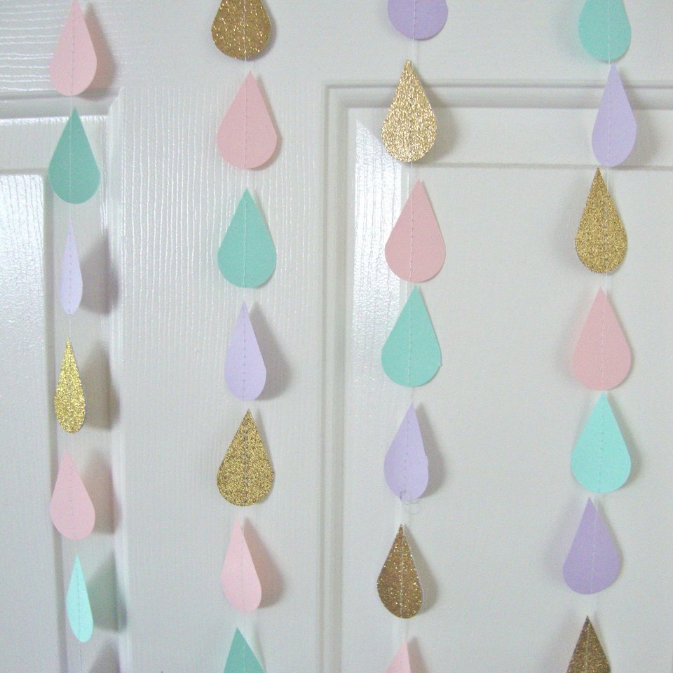 Gold Pink Mint Lavender Raindrop Baby Shower Garland, Pastel Raindrop Garland, Baby Sprinkle Decoration, Paper Drops, Hanging Raindrops
