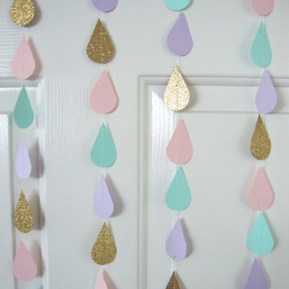 Gold Pink Mint Lavender Raindrop Baby Shower Garland, Pastel Raindrop Garland, Baby Sprinkle Decoration, Paper Drops, Hanging Raindrops