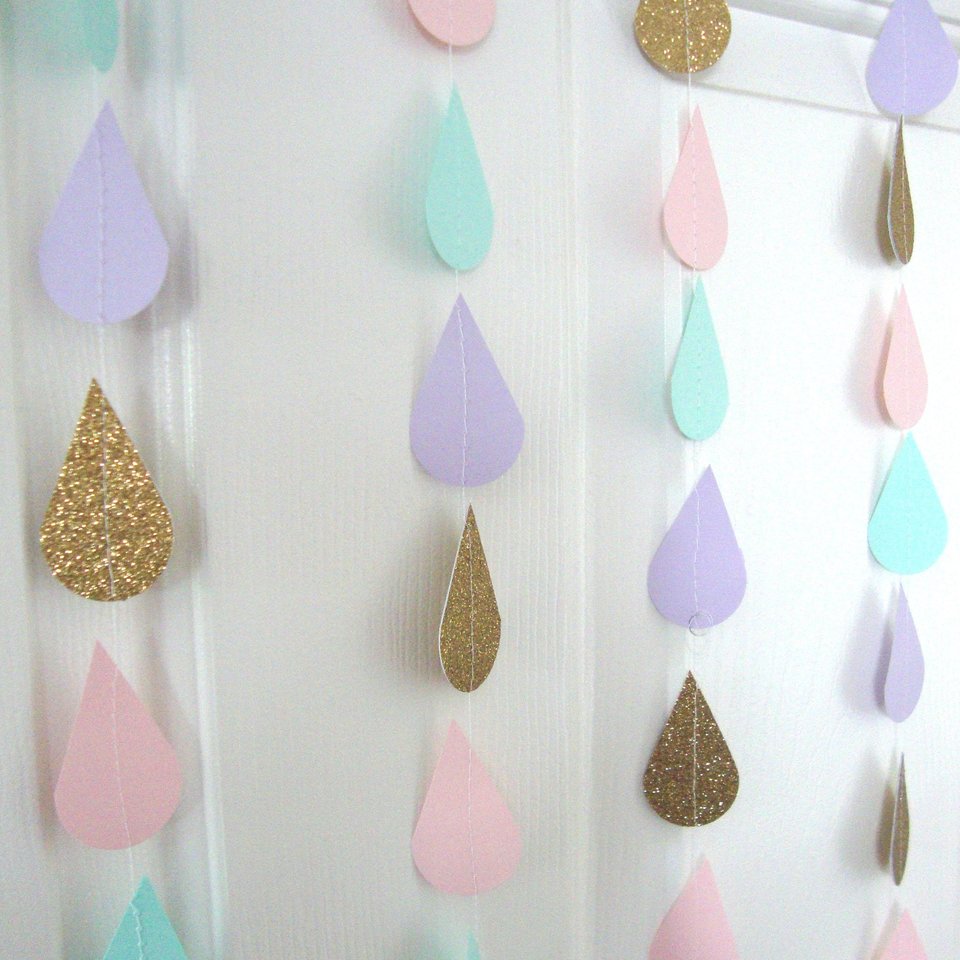 Gold Pink Mint Lavender Raindrop Baby Shower Garland, Pastel Raindrop Garland, Baby Sprinkle Decoration, Paper Drops, Hanging Raindrops