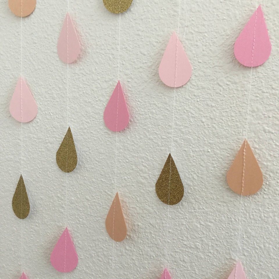 Blush and Gold Raindrop Garland, Peach and Pink Sprinkle Garland, Gold Glitter Raindrop Garland, Girl Baby Sprinkle Decor, Gold Raindrops