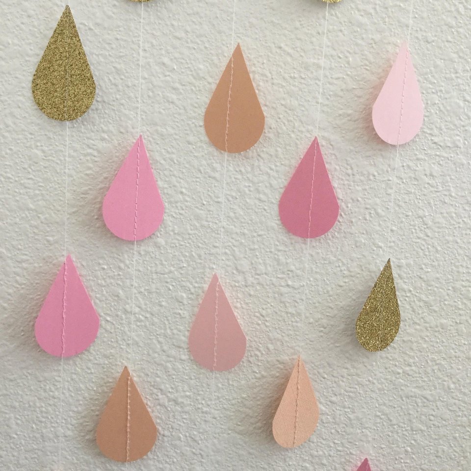 Blush and Gold Raindrop Garland, Peach and Pink Sprinkle Garland, Gold Glitter Raindrop Garland, Girl Baby Sprinkle Decor, Gold Raindrops