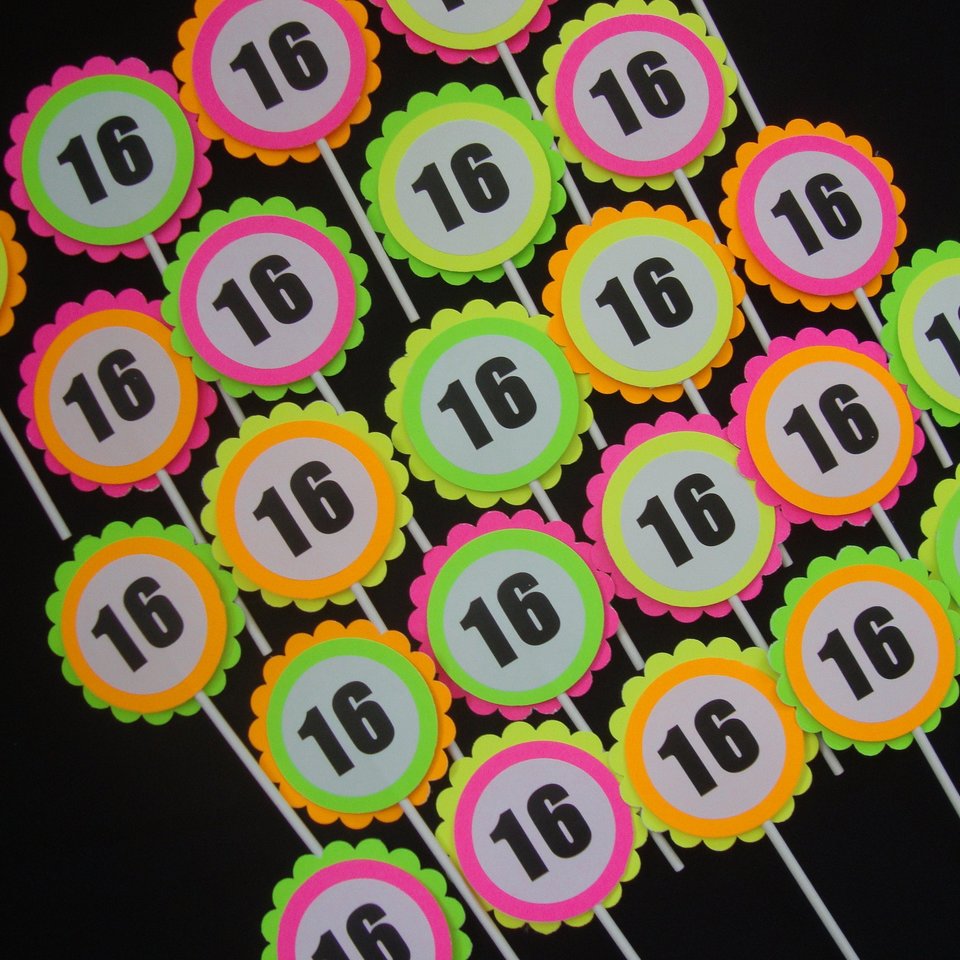 Glow Party Cupcake Toppers, Neon Birthday Party Decor, Fluorescent Black Light Decor, Birthday Number Topper, Sweet 16 Cake, UV Reflective