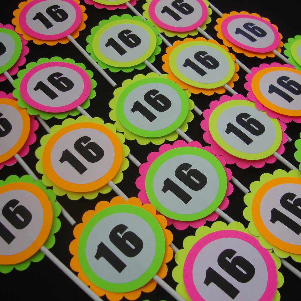 Glow Party Cupcake Toppers, Neon Birthday Party Decor, Fluorescent Black Light Decor, Birthday Number Topper, Sweet 16 Cake, UV Reflective