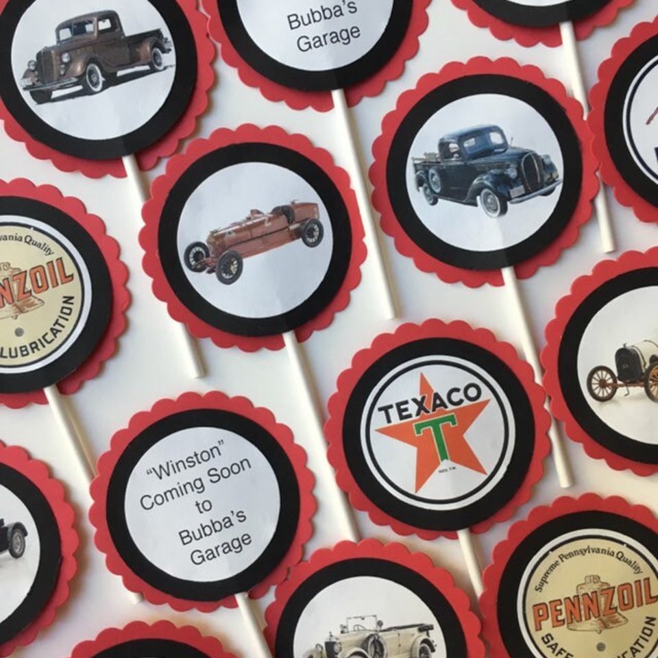 Custom Vintage Car-Themed Cupcake Toppers or Tags for Birthdays, Retirement, Baby Showers, etc.