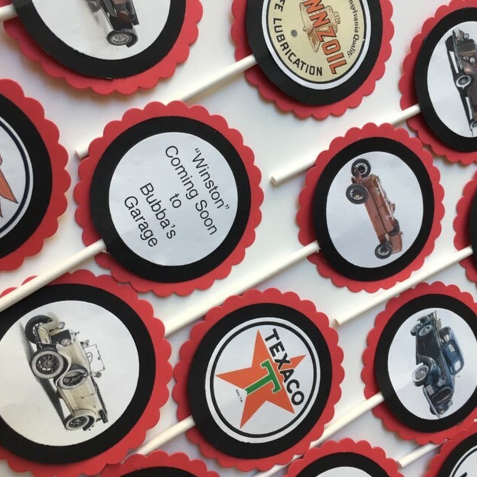 Custom Vintage Car-Themed Cupcake Toppers or Tags for Birthdays, Retirement, Baby Showers, etc.
