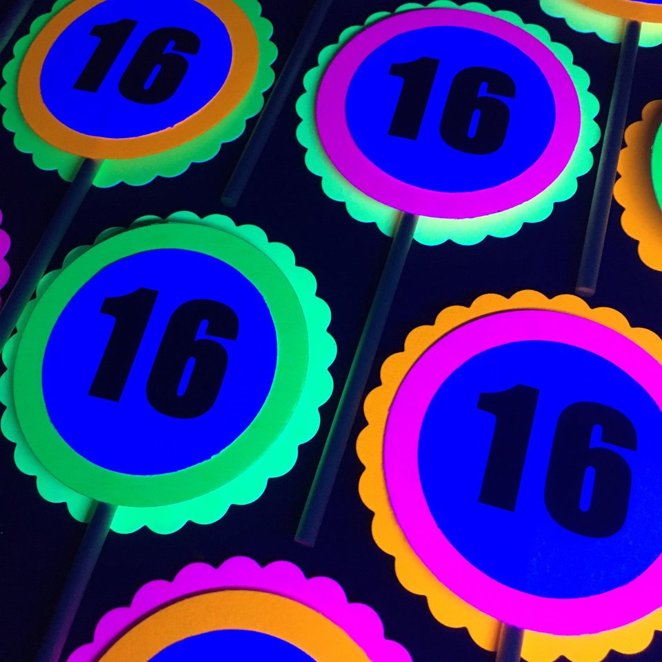 Glow Party Cupcake Toppers, Neon Birthday Party Decor, Fluorescent Black Light Decor, Birthday Number Topper, Sweet 16 Cake, UV Reflective