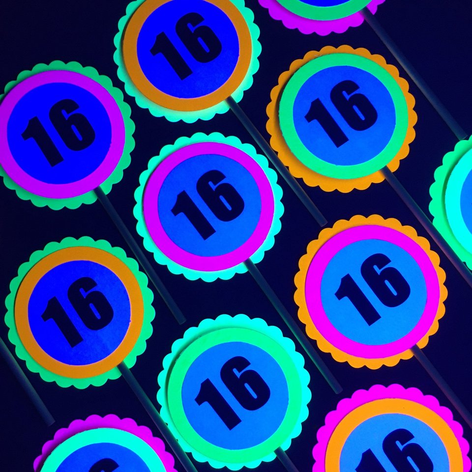 Glow Party Cupcake Toppers, Neon Birthday Party Decor, Fluorescent Black Light Decor, Birthday Number Topper, Sweet 16 Cake, UV Reflective