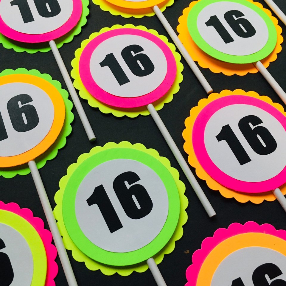 Glow Party Cupcake Toppers, Neon Birthday Party Decor, Fluorescent Black Light Decor, Birthday Number Topper, Sweet 16 Cake, UV Reflective