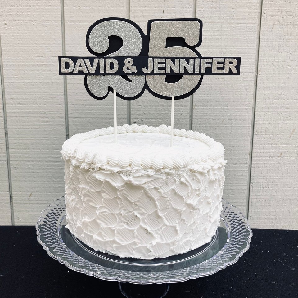 Personalized silver glitter 25th anniversary cake topper, custom name, elegant number 25 decorations, silver wedding celebration decor