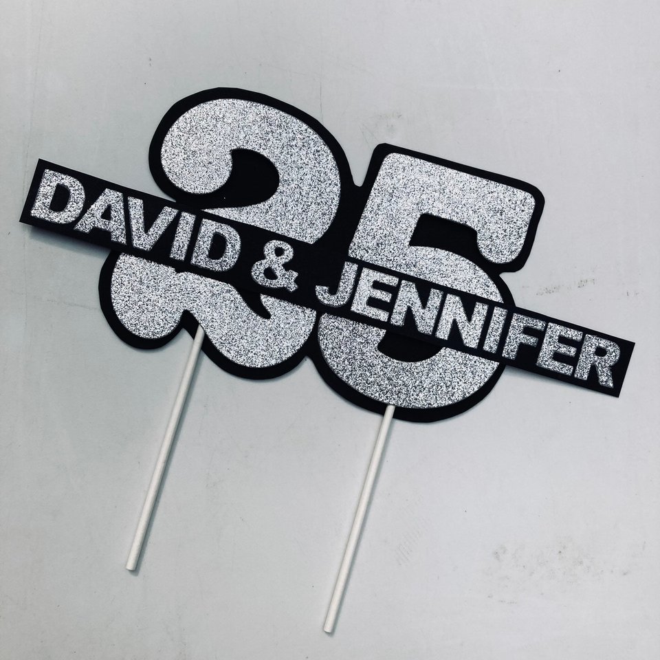 Personalized silver glitter 25th anniversary cake topper, custom name, elegant number 25 decorations, silver wedding celebration decor