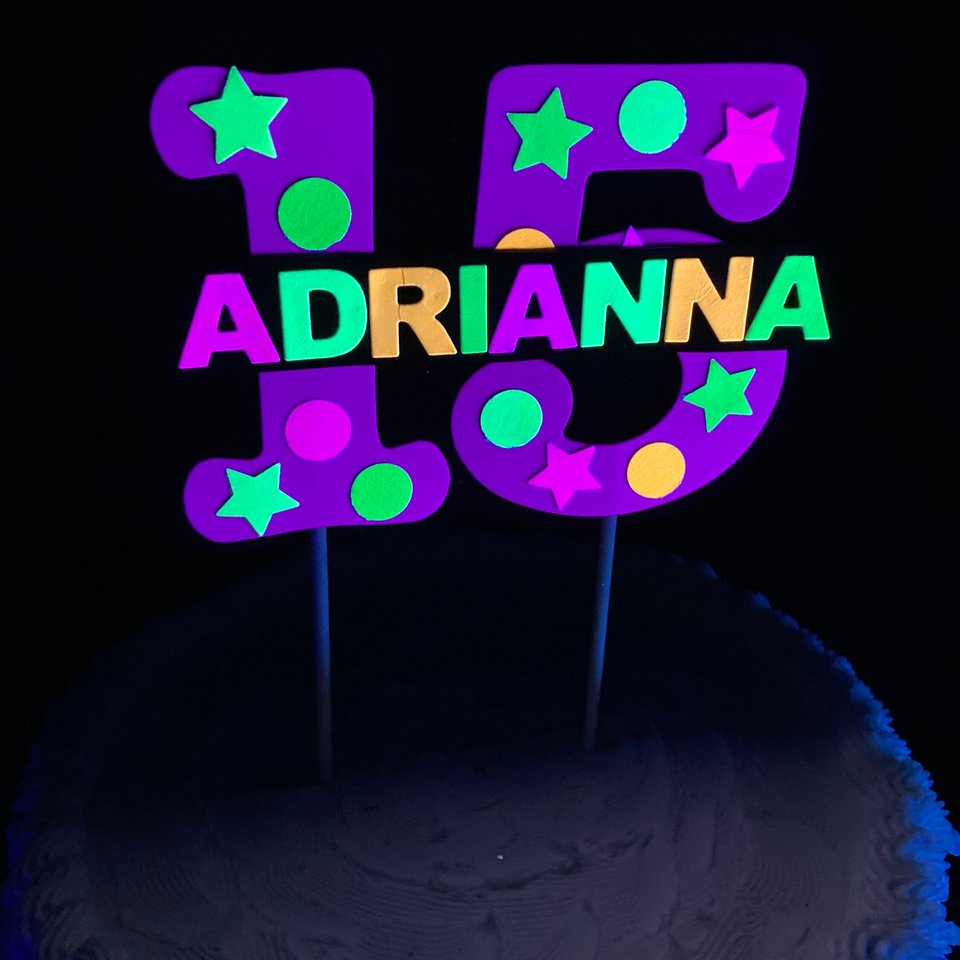 Neon Purple Glow Party Cake Topper, Blacklight Party Decor, Glow in the Dark Birthday, Quinceanera Cake, Personalized Topper, 15th Birthday