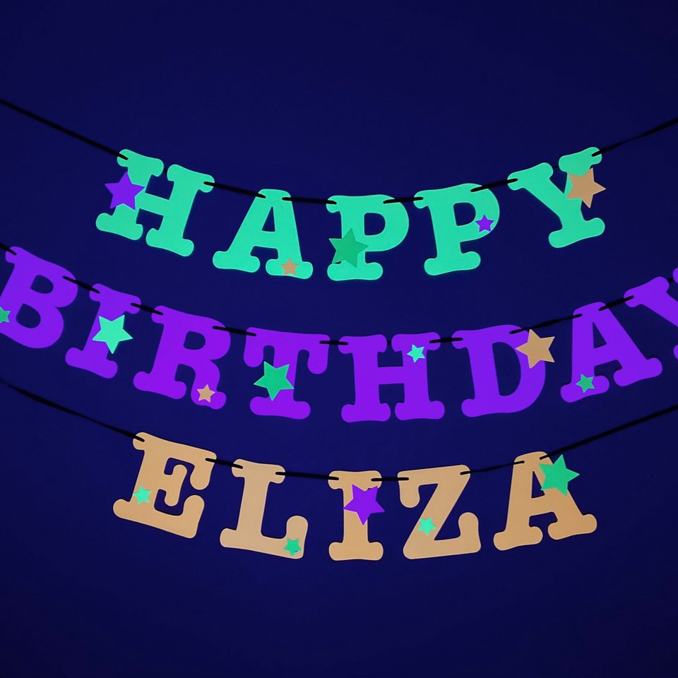 Star Glow Party Birthday Banner, Happy Birthday, Neon sign, UV Reflective Decor, Glow Party Supplies, Sweet 16 Neon Dance, Personalized Sign