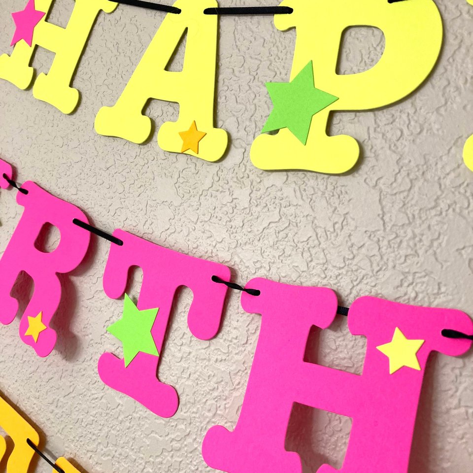 Star Glow Party Birthday Banner, Happy Birthday, Neon sign, UV Reflective Decor, Glow Party Supplies, Sweet 16 Neon Dance, Personalized Sign
