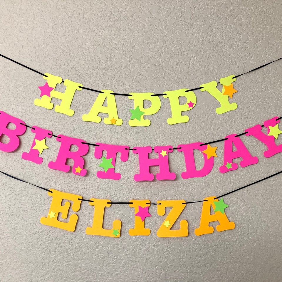Star Glow Party Birthday Banner, Happy Birthday, Neon sign, UV Reflective Decor, Glow Party Supplies, Sweet 16 Neon Dance, Personalized Sign