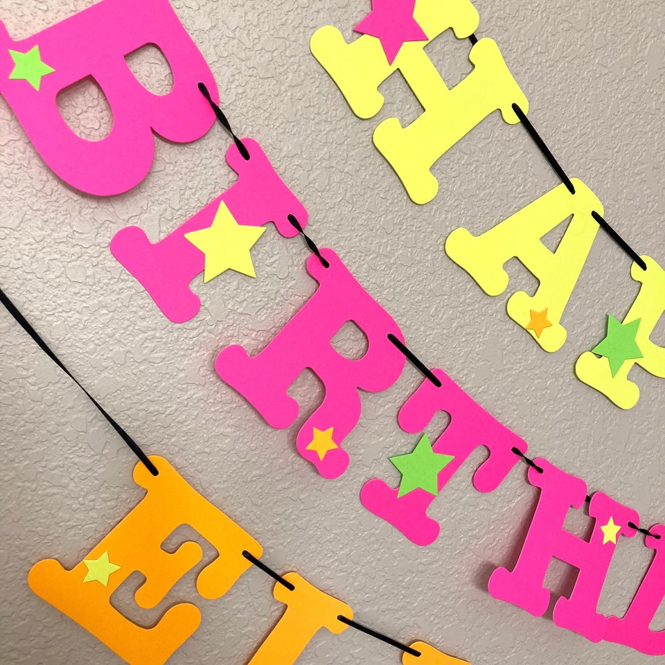 Star Glow Party Birthday Banner, Happy Birthday, Neon sign, UV Reflective Decor, Glow Party Supplies, Sweet 16 Neon Dance, Personalized Sign