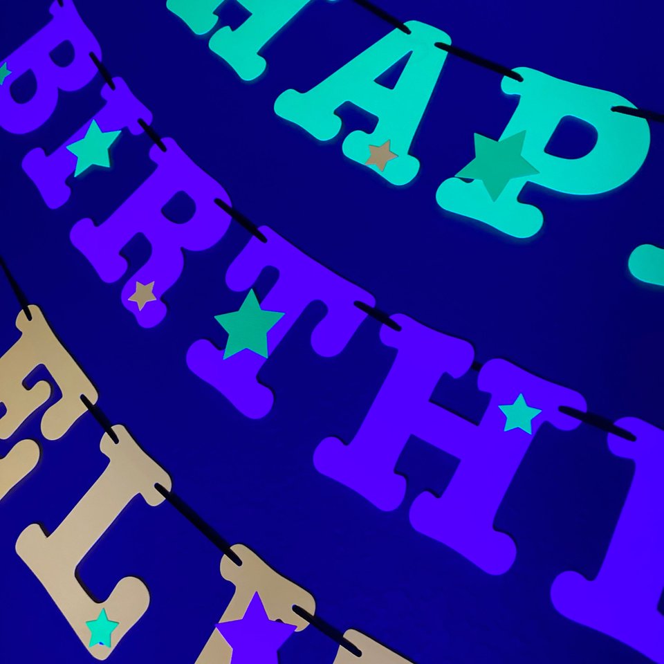 Star Glow Party Birthday Banner, Happy Birthday, Neon sign, UV Reflective Decor, Glow Party Supplies, Sweet 16 Neon Dance, Personalized Sign