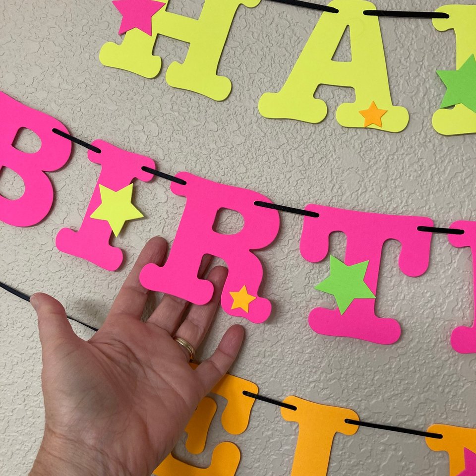 Star Glow Party Birthday Banner, Happy Birthday, Neon sign, UV Reflective Decor, Glow Party Supplies, Sweet 16 Neon Dance, Personalized Sign