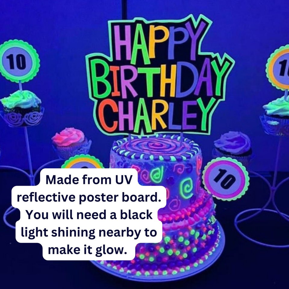 Glow Party Cake Topper, Neon Birthday Cake Topper, Personalized Cake Topper, UV Reflective Cake Decoration, Fluorescent Neon Cake Decor