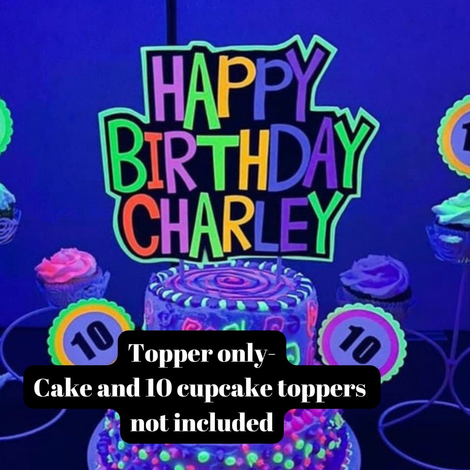 Glow Party Cake Topper, Neon Birthday Cake Topper, Personalized Cake Topper, UV Reflective Cake Decoration, Fluorescent Neon Cake Decor