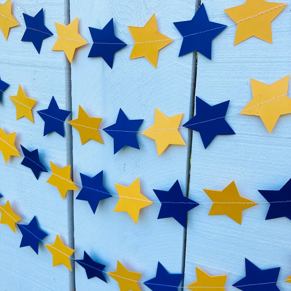 Navy Blue and Golden Yellow Star Garland, Navy and Gold Graduation Decoration, UC Davis Grad Party, UC Berkeley Decor, Dorm Decoration