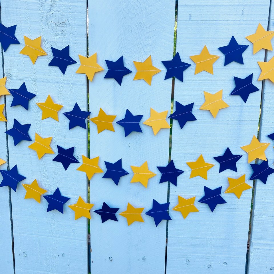 Navy Blue and Golden Yellow Star Garland, Navy and Gold Graduation Decoration, UC Davis Grad Party, UC Berkeley Decor, Dorm Decoration