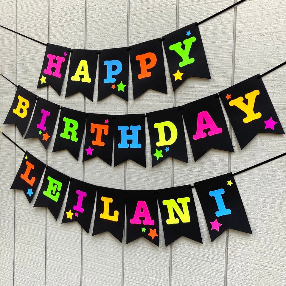 Neon Star Birthday Banner, Glow Party, Personalized Banner, Glow in the Dark Sign, UV Reflective, Black Light Decor, 80s Party, Skate Party