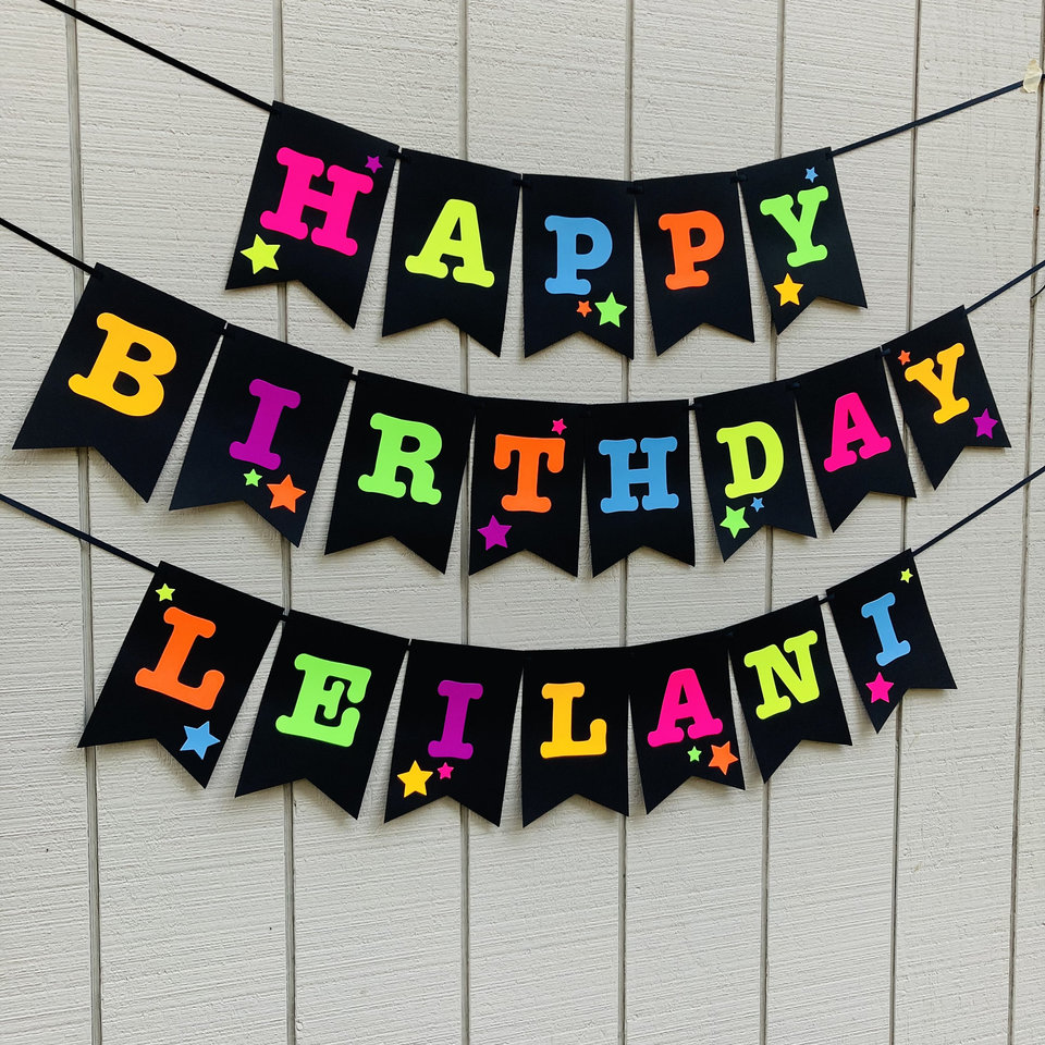 Neon Star Birthday Banner, Glow Party, Personalized Banner, Glow in the Dark Sign, UV Reflective, Black Light Decor, 80s Party, Skate Party