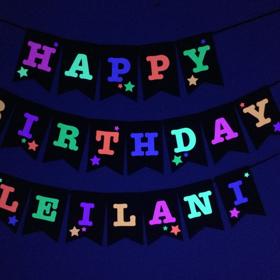 Neon Star Birthday Banner, Glow Party, Personalized Banner, Glow in the Dark Sign, UV Reflective, Black Light Decor, 80s Party, Skate Party