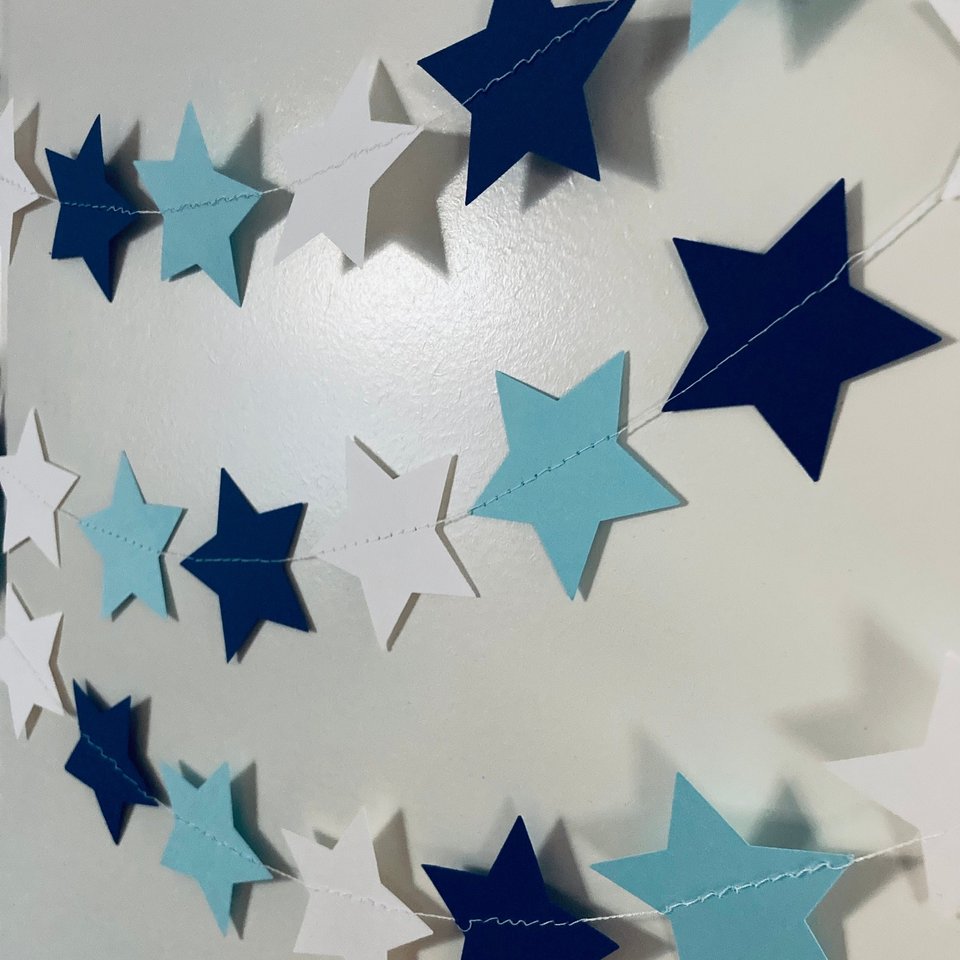 Light Blue and Navy Star Garland, Columbia Graduation Decoration, Rogers Williams University, Dorm Decoration, Graduation Party, Bunting