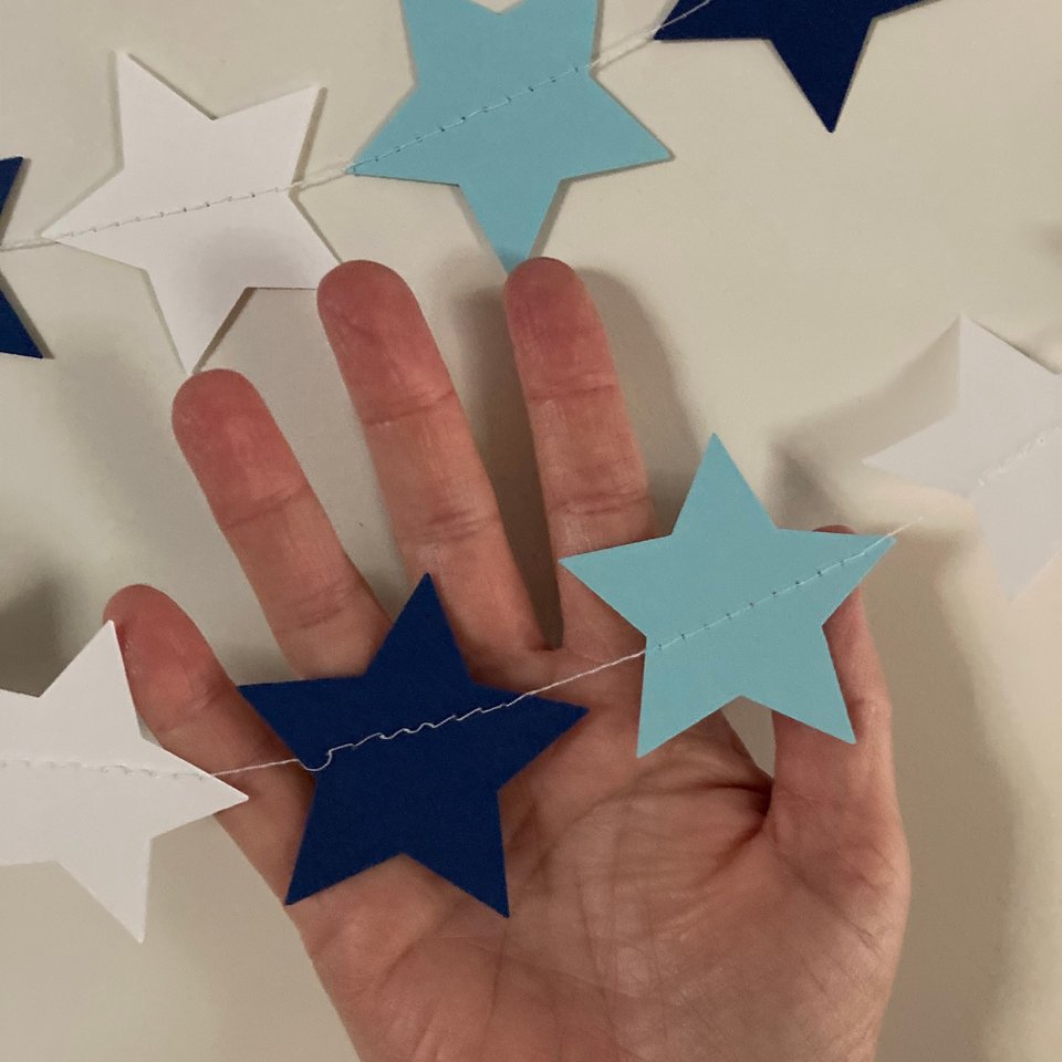 Light Blue and Navy Star Garland, Columbia Graduation Decoration, Rogers Williams University, Dorm Decoration, Graduation Party, Bunting