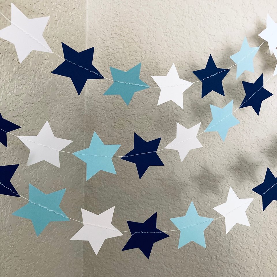 Light Blue and Navy Star Garland, Columbia Graduation Decoration, Rogers Williams University, Dorm Decoration, Graduation Party, Bunting