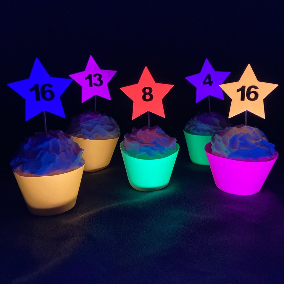 12 Neon Star Cupcake Toppers, Glow in the Dark Decor, Glow Party Supply, Cupcake Decor, Black Light Party, UV Reflective Stars, Age Topper