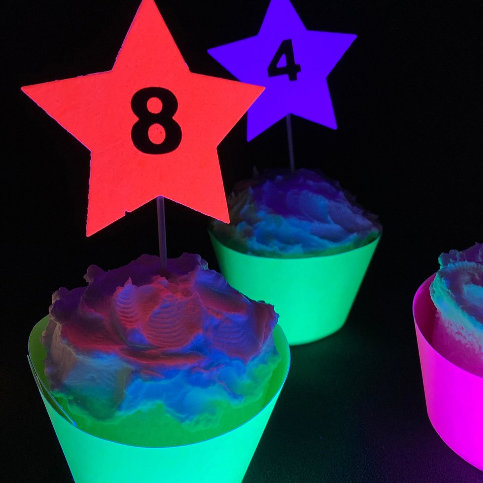 12 Neon Star Cupcake Toppers, Glow in the Dark Decor, Glow Party Supply, Cupcake Decor, Black Light Party, UV Reflective Stars, Age Topper
