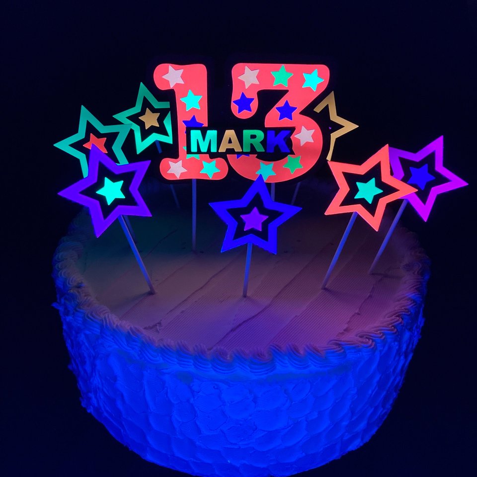 Neon Star Cake Decoration, Glow in the Dark Cake Topper, Glow Party Supply, Cupcake Decor, Black Light Party Supply, UV Reflective Stars