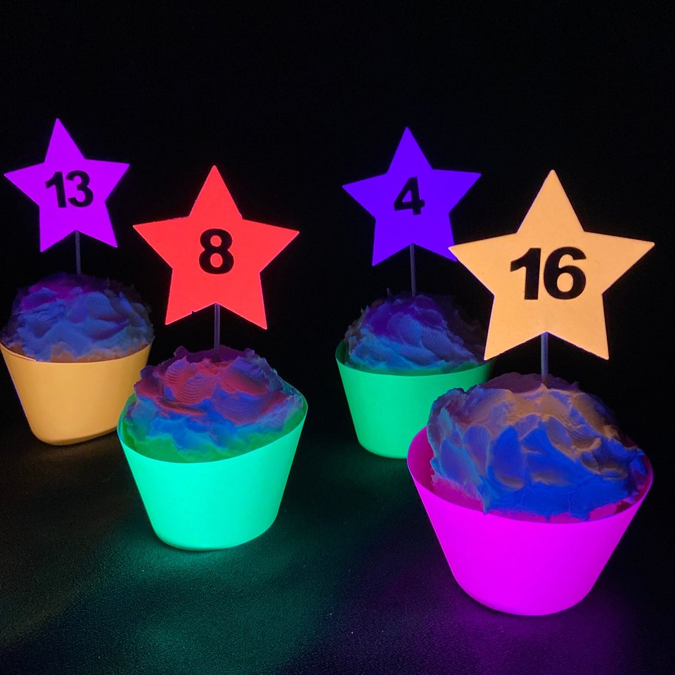 12 Neon Star Cupcake Toppers, Glow in the Dark Decor, Glow Party Supply, Cupcake Decor, Black Light Party, UV Reflective Stars, Age Topper
