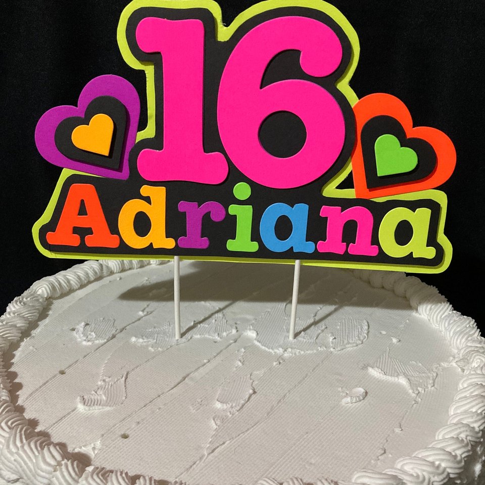 Neon Heart Personalized Glow Party Birthday Cake Topper, Glow in the Dark Decor, Sweet 16 Black Light Party, Name Age Cake Decoration