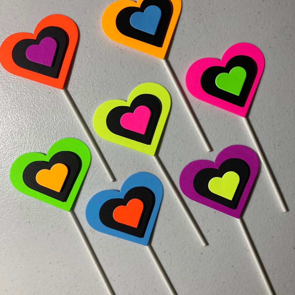 Neon Heart Cake Toppers, Glow in the Dark Hearts, Sweet 16 Glow Party, Cupcake Decor, Black Light Party Supply, 80s Theme, Skate Birthday