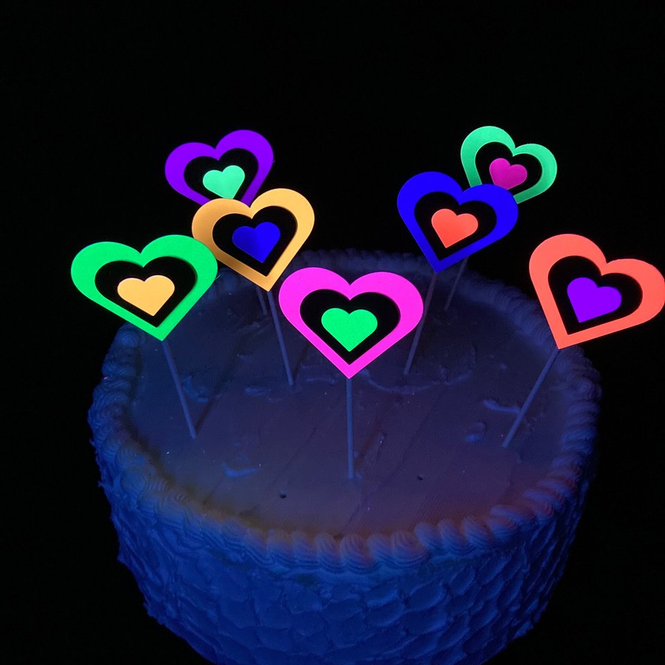 Neon Heart Cake Toppers, Glow in the Dark Hearts, Sweet 16 Glow Party, Cupcake Decor, Black Light Party Supply, 80s Theme, Skate Birthday
