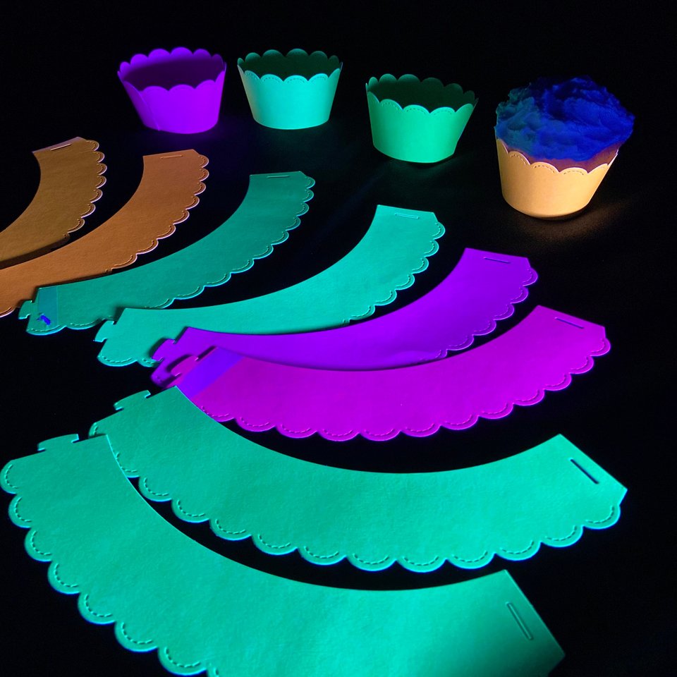 Neon Cupcake Decor, One Dozen Standard Cupcake Wrappers, Glow in the Dark Party, Fluorescent Party Decor, Black Light Party, UV Reflective