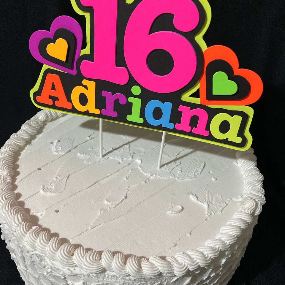 Neon Heart Personalized Glow Party Birthday Cake Topper, Glow in the Dark Decor, Sweet 16 Black Light Party, Name Age Cake Decoration