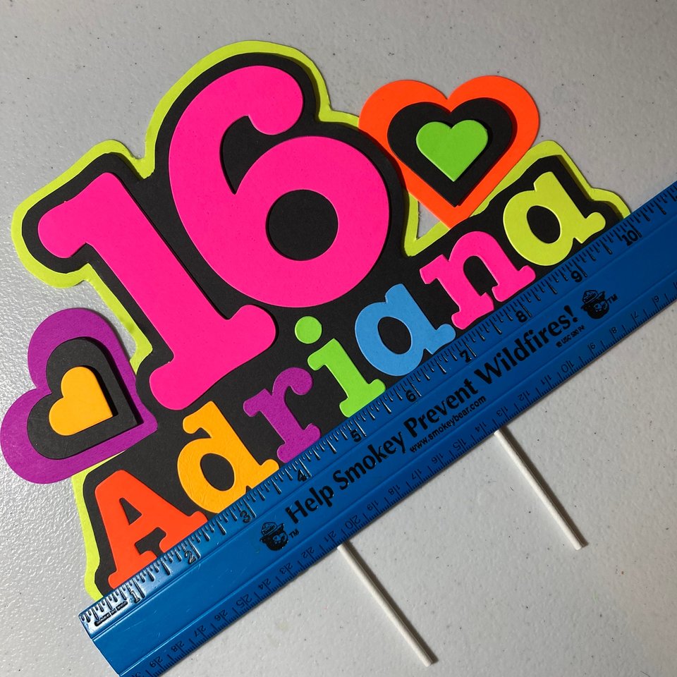 Neon Heart Personalized Glow Party Birthday Cake Topper, Glow in the Dark Decor, Sweet 16 Black Light Party, Name Age Cake Decoration