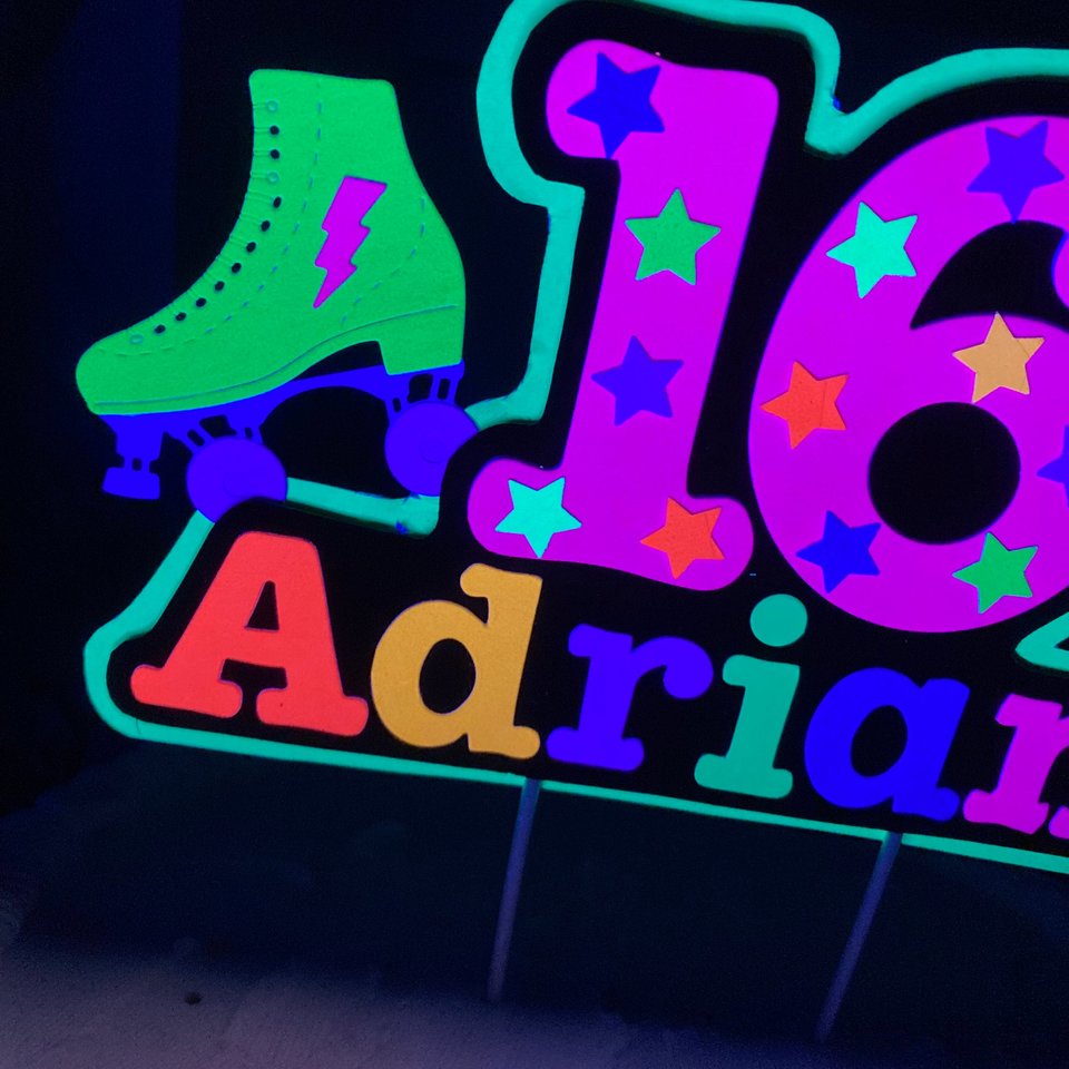 Roller Skate Birthday Party Cake Topper, Neon Cake Decoration, Skate Glow Party Birthday Decor, Personalized Name Age Topper, Child Birthday