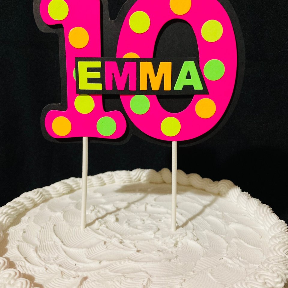 Glow Party Cake Topper, Pink Polka Dot Neon Cake, Birthday Cake Decor, Personalized Topper, Name Topper, Age Topper, Glow Party Decorations