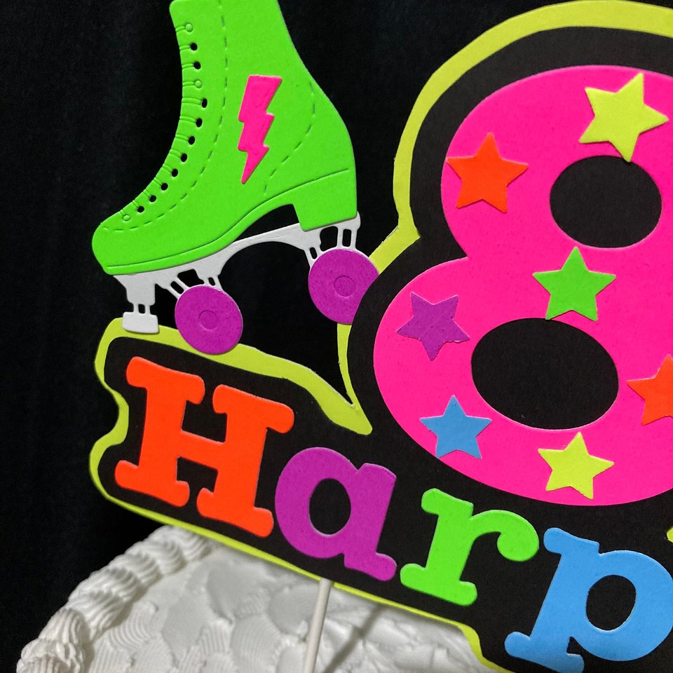 Roller Skate Birthday Party Cake Topper, Neon Cake Decoration, Skate Glow Party Birthday Decor, Personalized Name Age Topper, Child Birthday